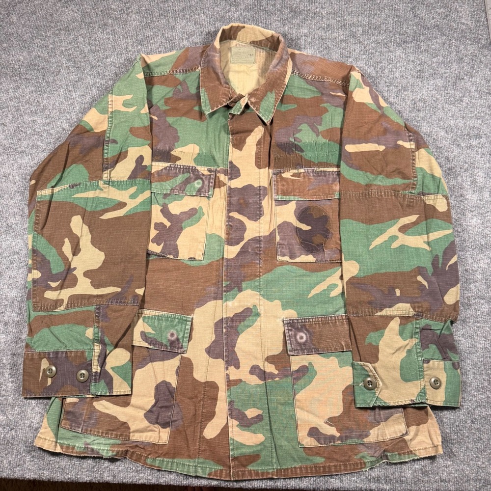 Vintage Military Woodland Camo BDU Field Shirt Jacket Ripstop Sz Mens Medium
